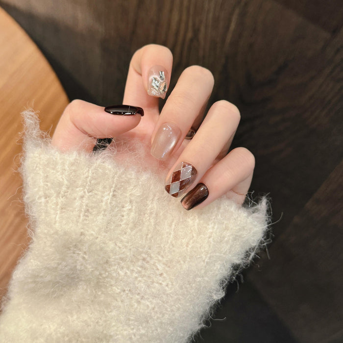 Brown and Beige Argyle Cat Eye Press On Nail Set for Autumn and Winter With Silver Accents