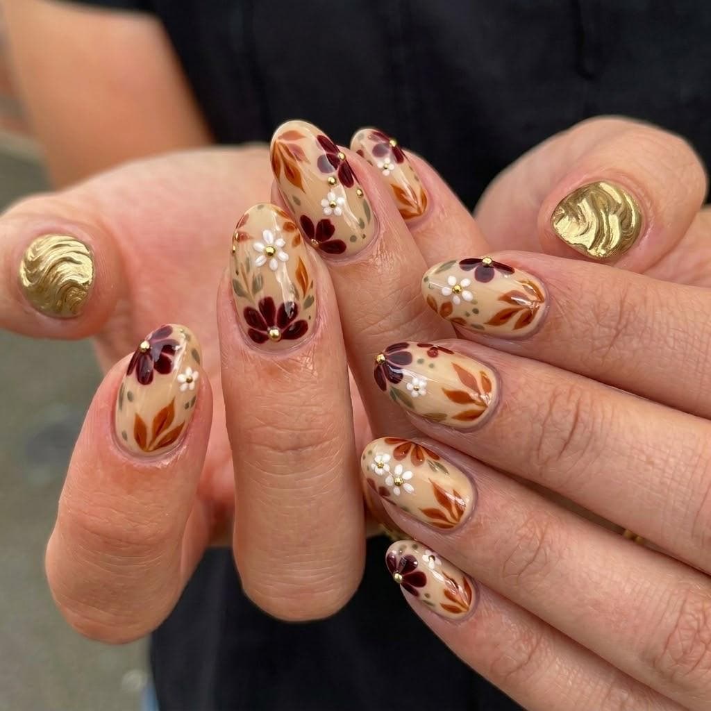 Brown and Burgundy Fall Floral Press On Nails With Gold Leaf Details for Thanksgiving