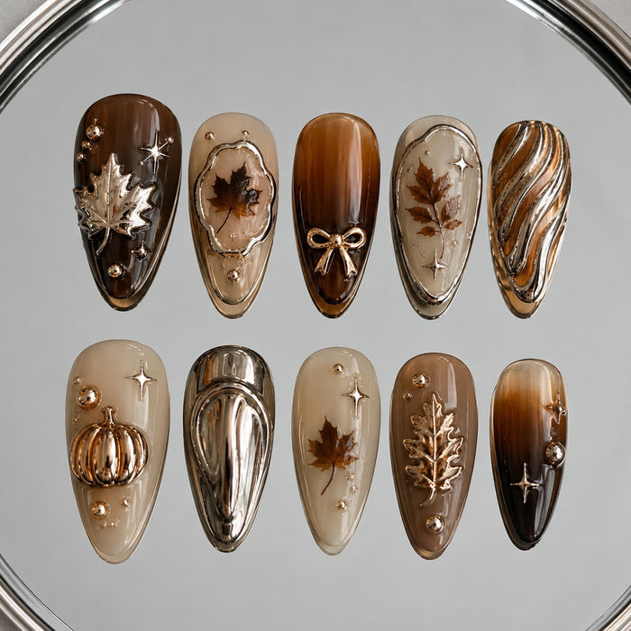Brown and Cream Autumn Press On Nails with Pumpkins, Leaves, Bows, and Metallic Details