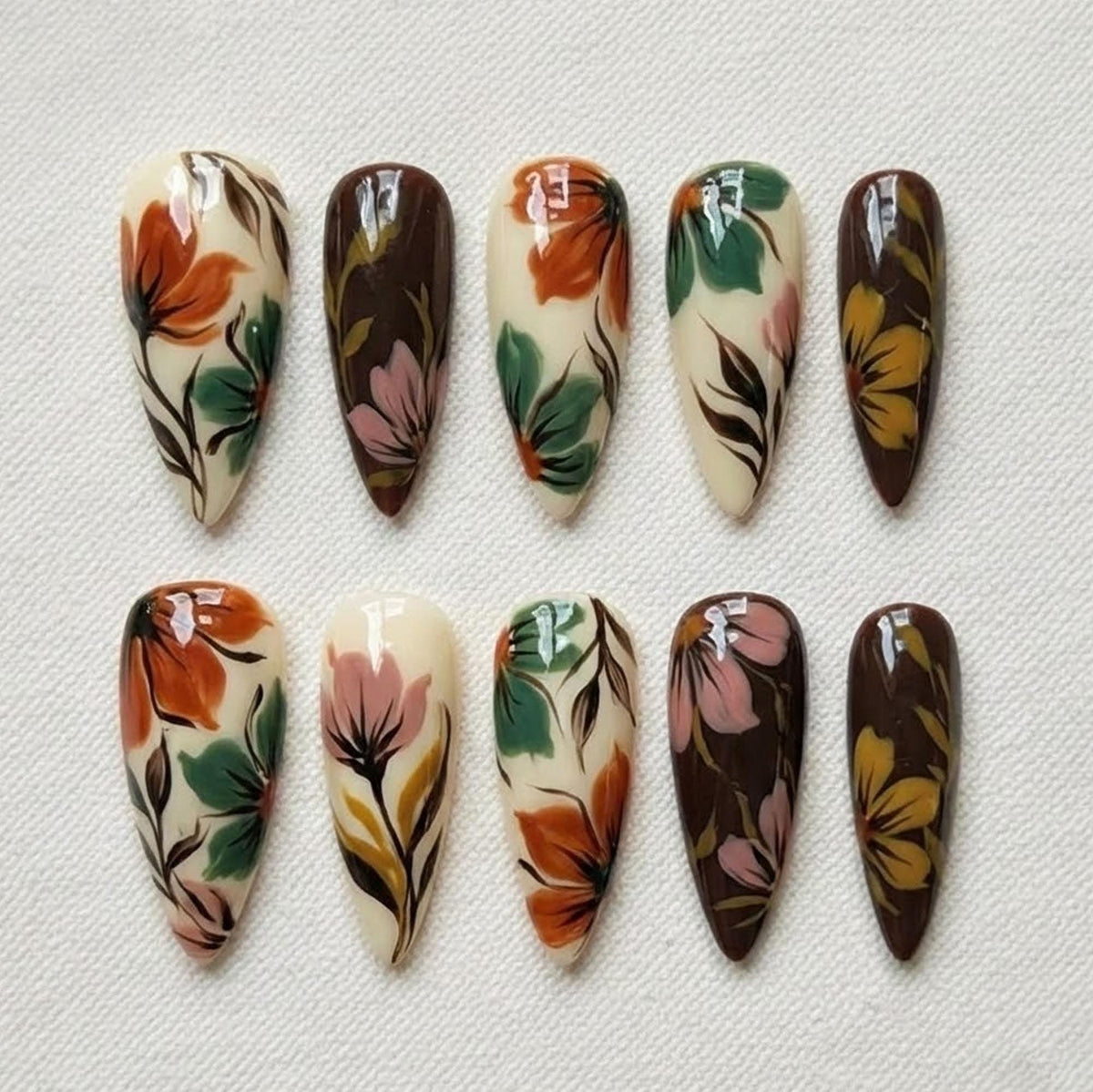 Brown and Cream Botanical Flower Press On Nails