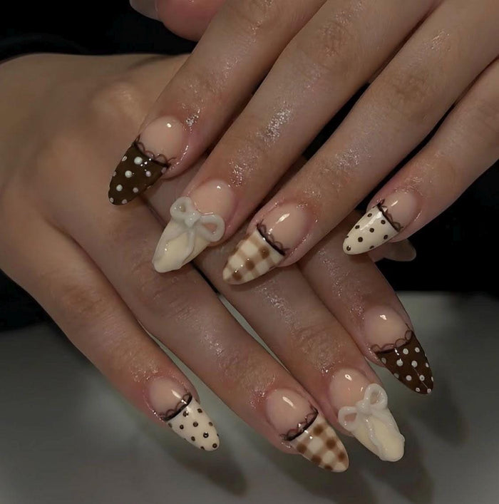 Brown and Cream Fall Plaid, Polka Dot, and Bow Press On Nail Set