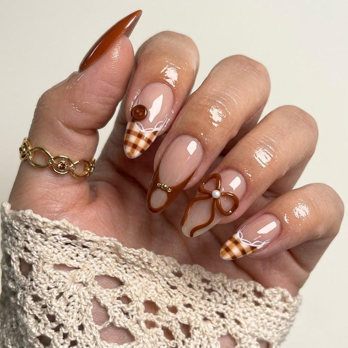 Brown and Cream Gingham French Tip Press On Nail Set with Bow and Button Details for Fall and Winter