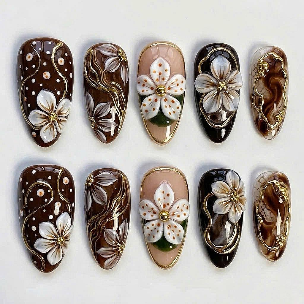 Brown and Gold Fall Floral Press On Nail Set With 3D Flowers and Marble Accents