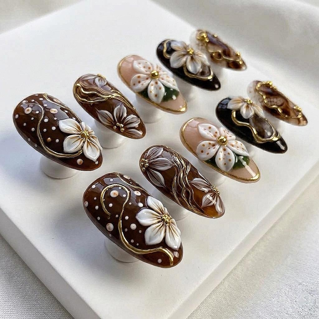 Brown and Gold Fall Floral Press On Nail Set With 3D Flowers and Marble Accents