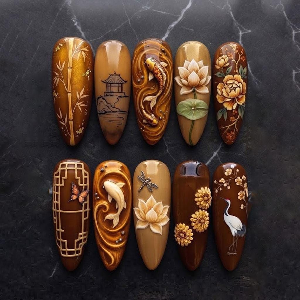 Brown and Gold Japanese-Inspired Nail Set with Koi, Lotus, Bamboo and Pagoda Art