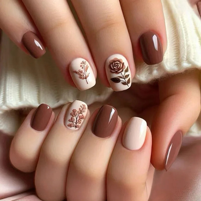 Brown and Ivory Botanical Rose Press-On Nail Set