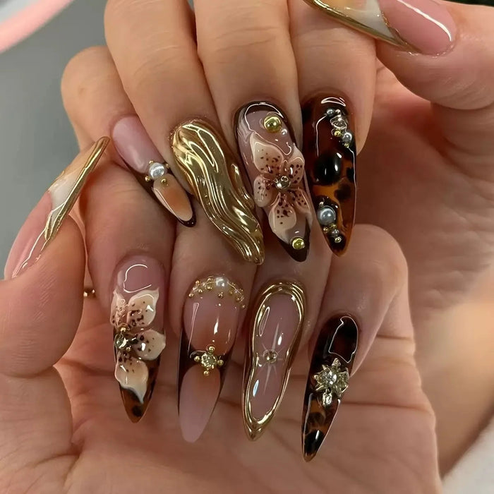 Brown and Nude Floral Chrome Press-On Nails With 3D Flowers and Rhinestones
