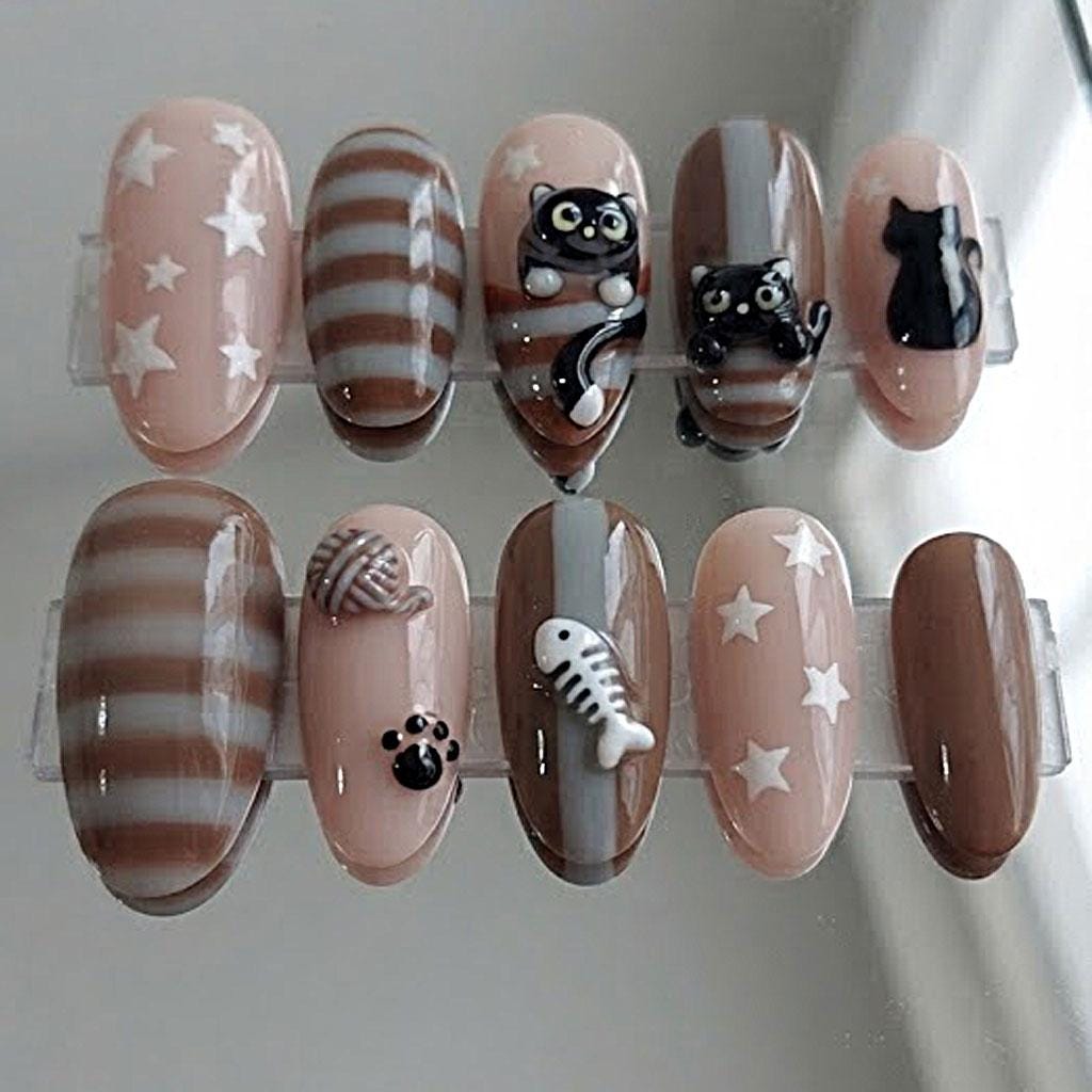 Brown and Nude Pink Cat Press On Nails With Stars and 3D Details