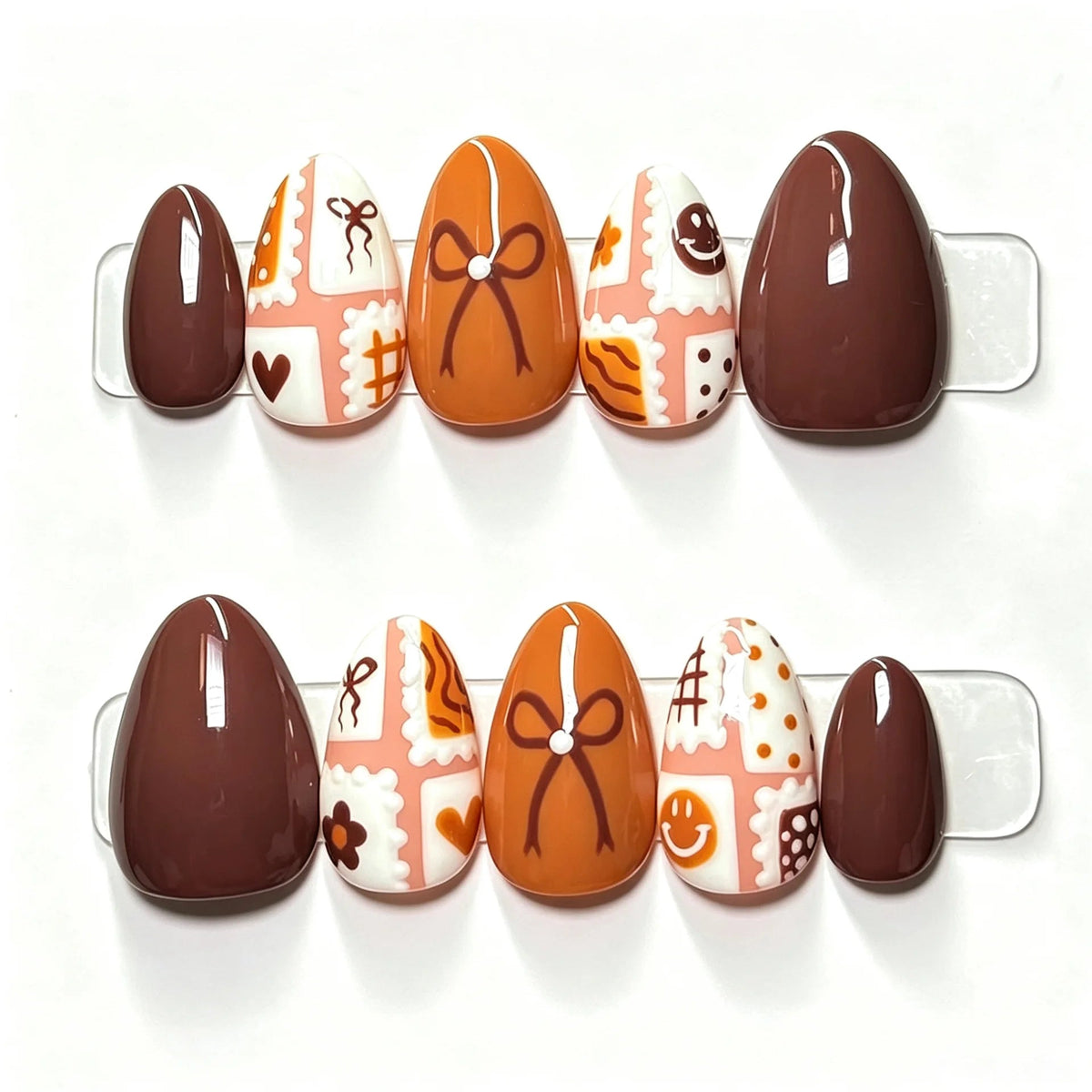 Brown and Orange Autumn Patchwork Nails with Bows, Hearts and Plaid Details
