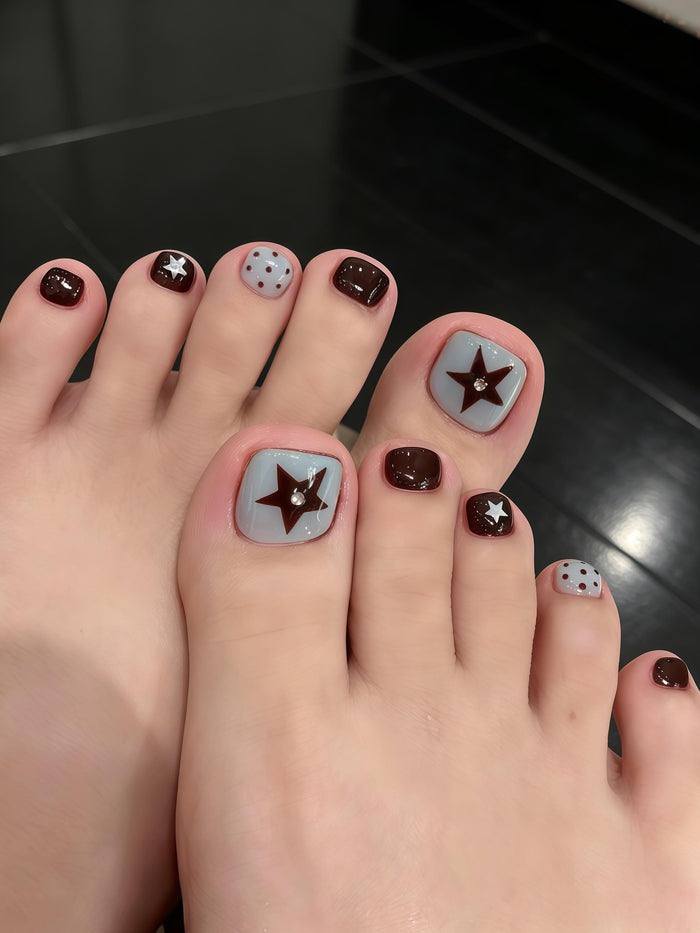 Brown and Pale Blue Star and Polka Dot Press-On Toenails