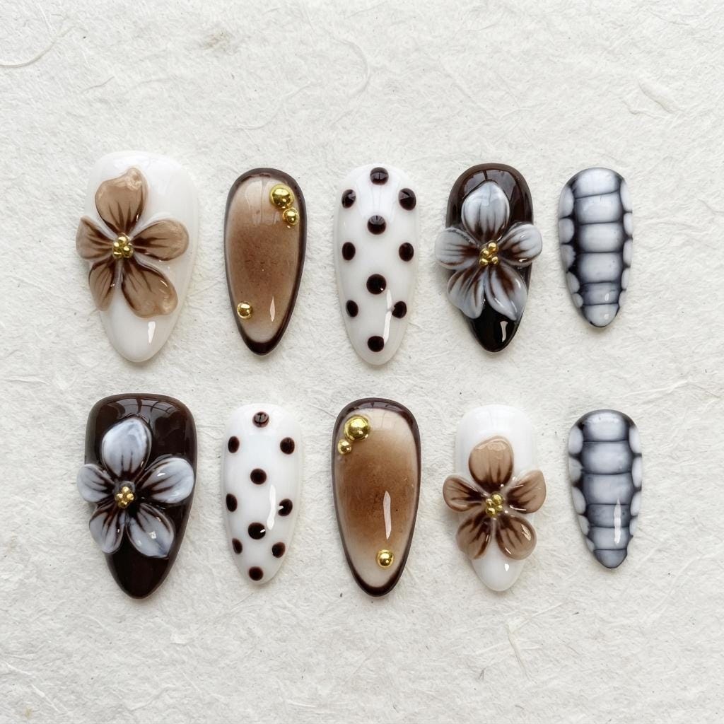 Brown and White Floral Polka Dot Press On Nails with Gold Bead Accents