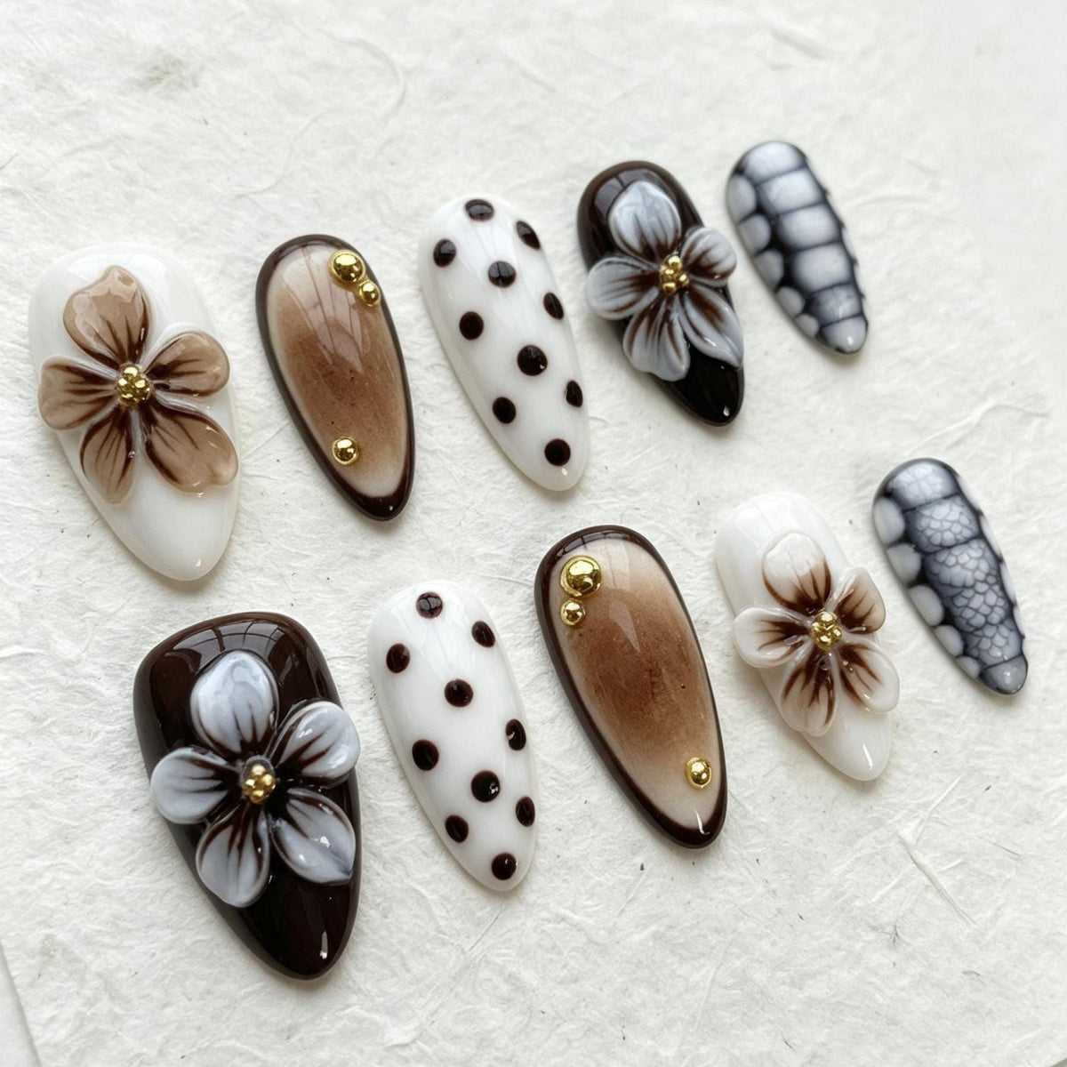 Brown and White Floral Polka Dot Press On Nails with Gold Bead Accents