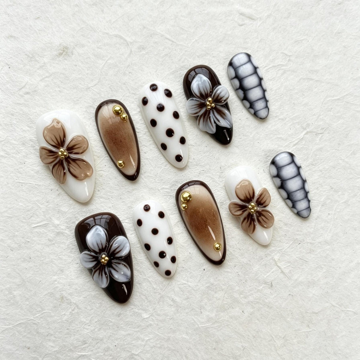 Brown and White Floral Polka Dot Press On Nails with Gold Bead Accents