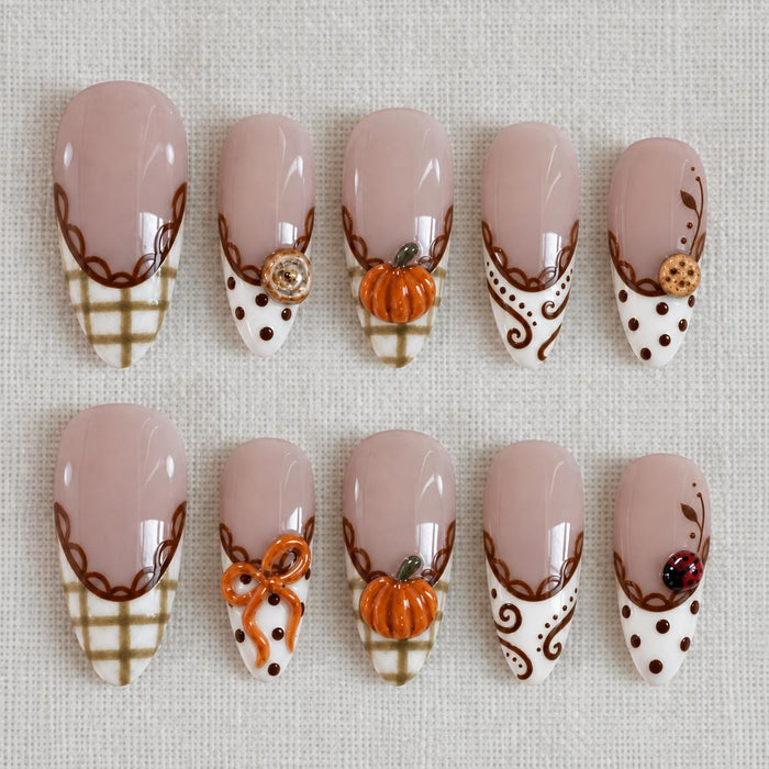 Brown and White Plaid French Tip Press-On Nails with Pumpkin Charms for Thanksgiving
