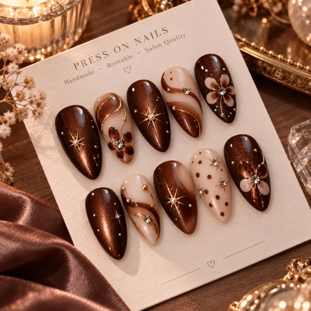 Brown Autumn Cat-Eye Press On Nails With Gold Starbursts, Florals and Polka Dots