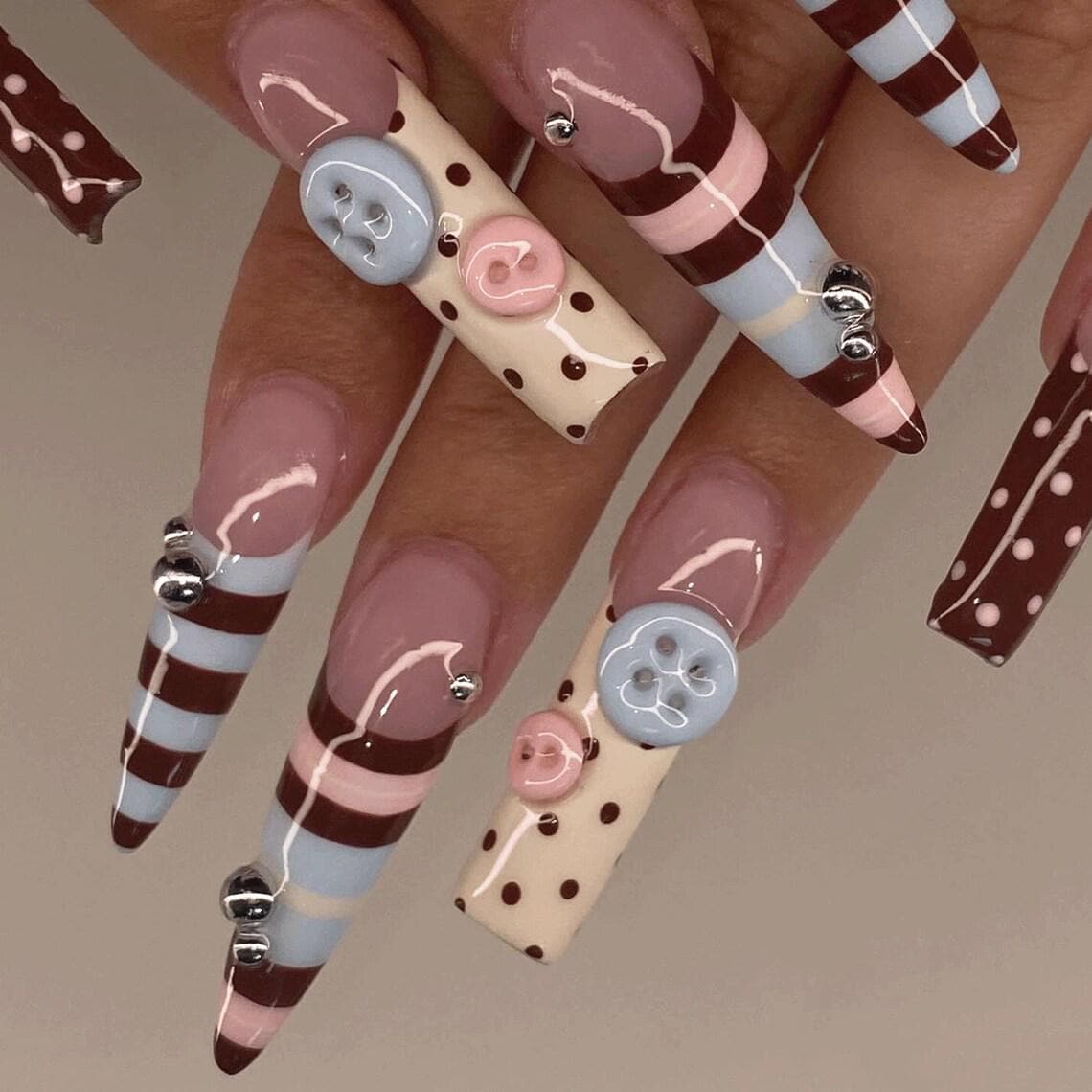Brown, Blue & Pink Striped Polka Dot Button Press On Nails
