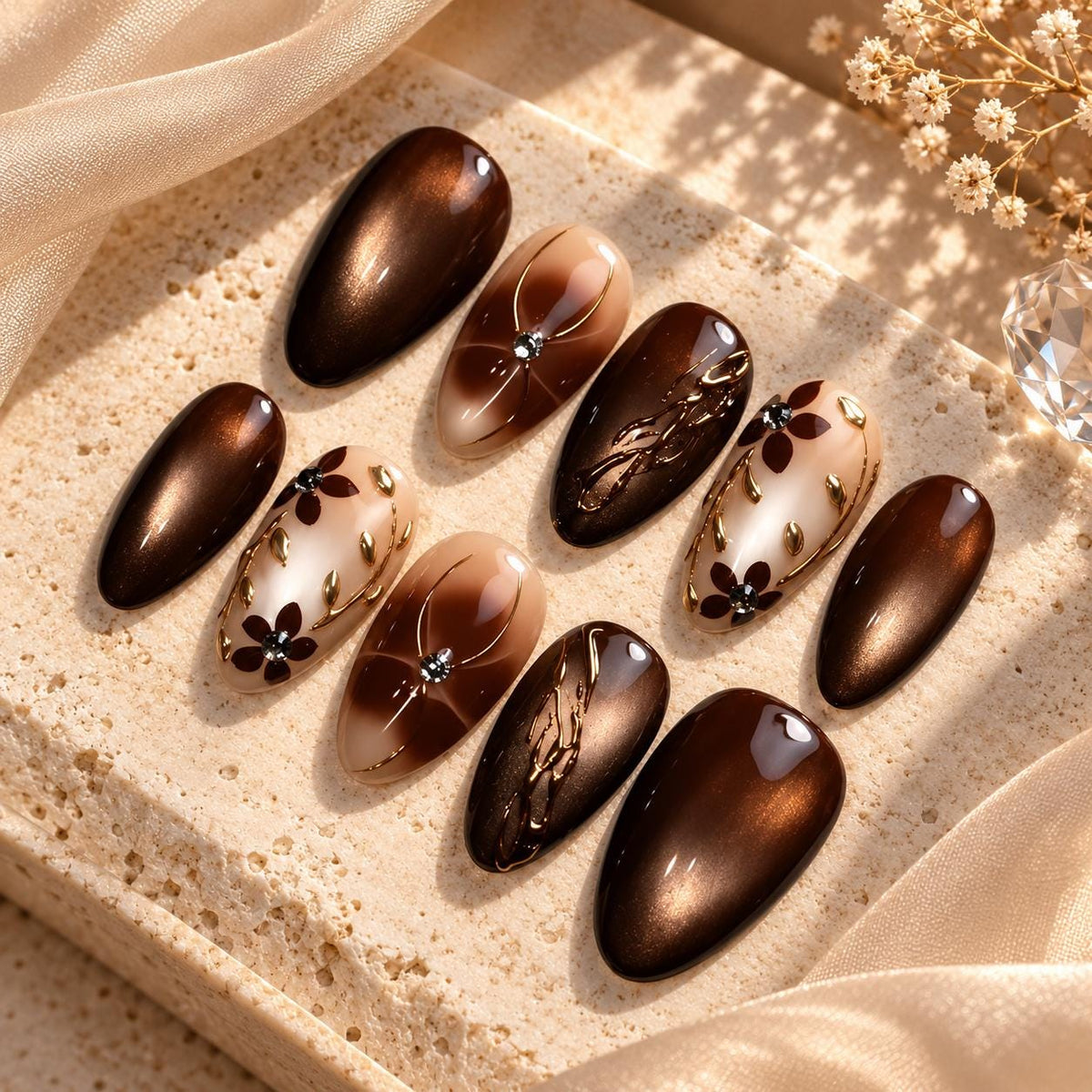 Brown Cat Eye and Nude Floral Press On Nails with Gold Details