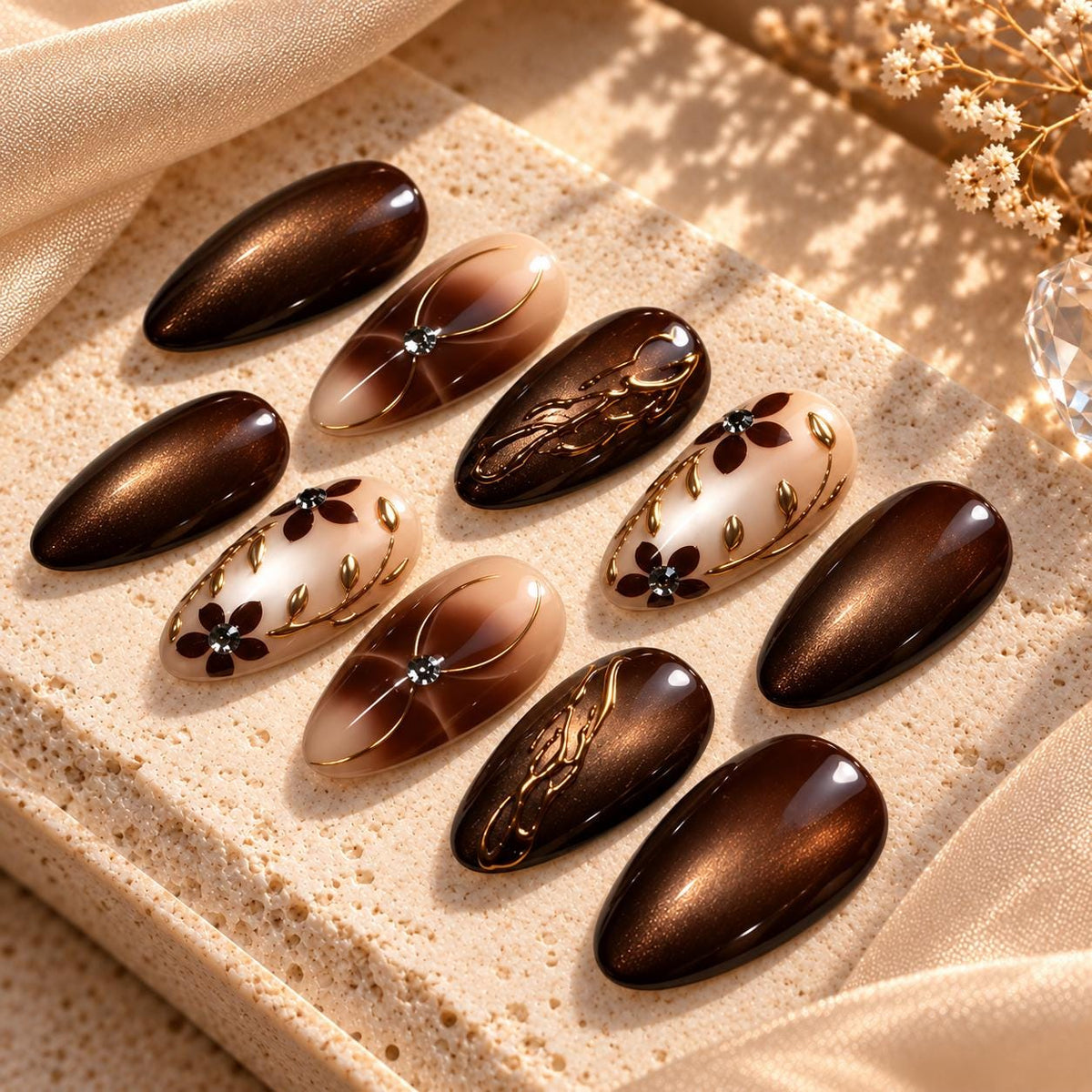 Brown Cat Eye and Nude Floral Press On Nails with Gold Details
