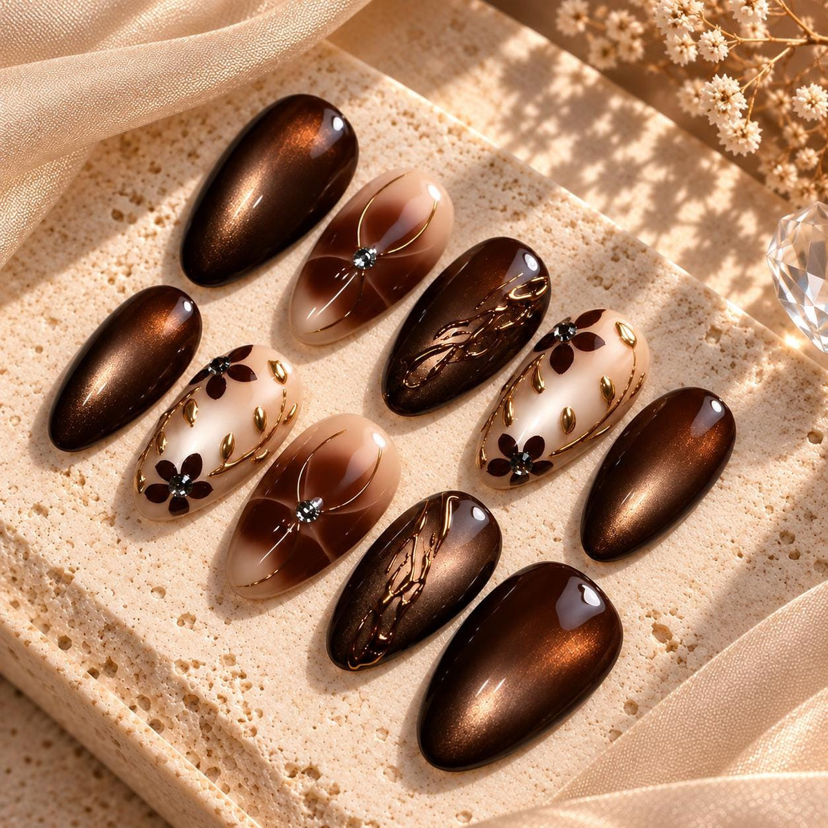 Brown Cat Eye and Nude Floral Press On Nails with Gold Details