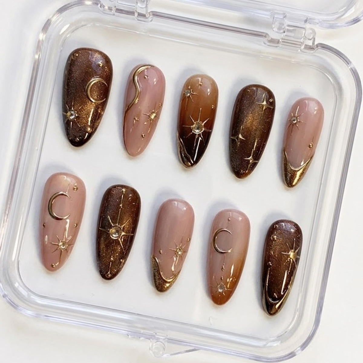 Brown Cat Eye Celestial Press On Nails with Gold Moons and Stars