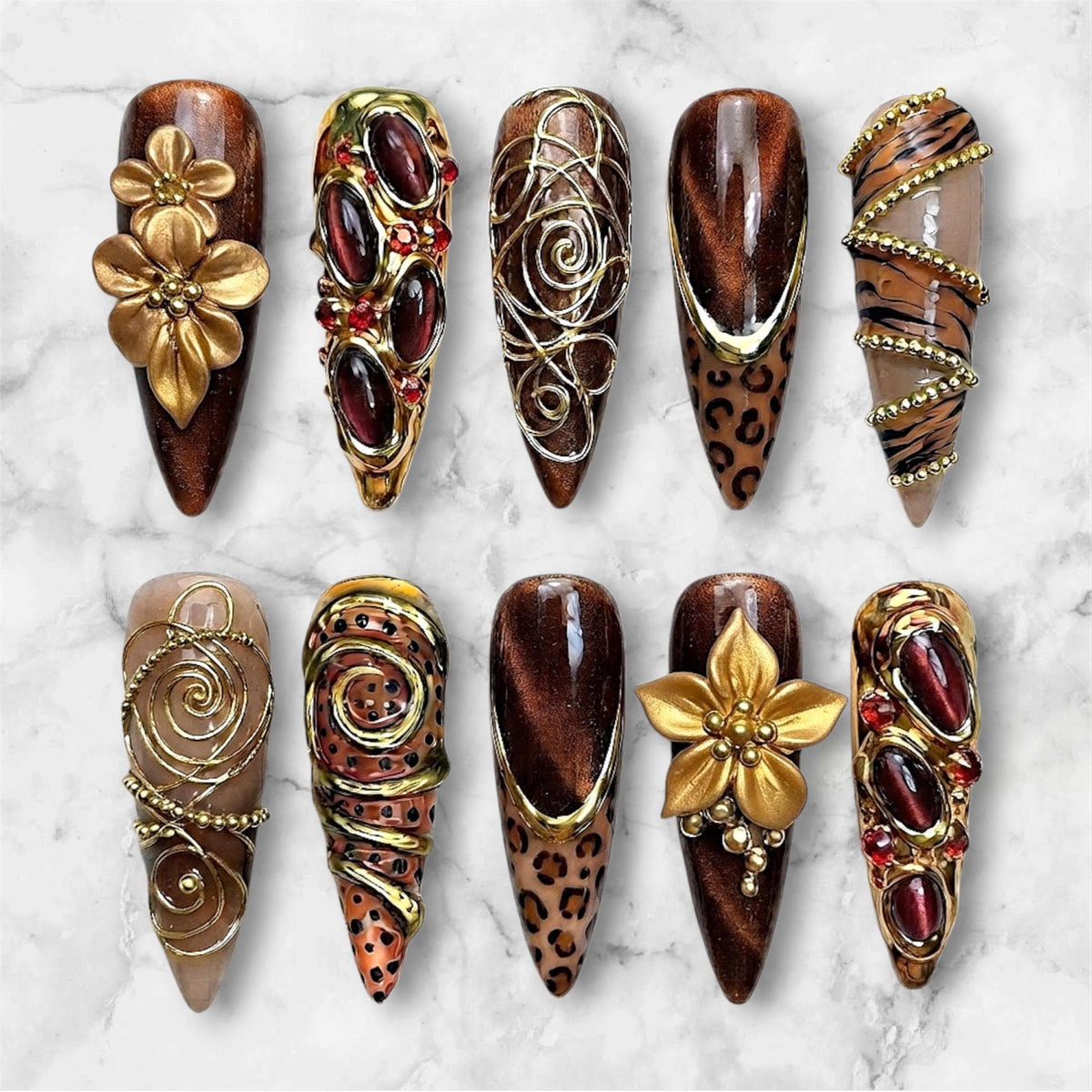 Brown Cat-Eye Leopard Fall Press-On Nails with Gold Flowers and Burgundy Gems