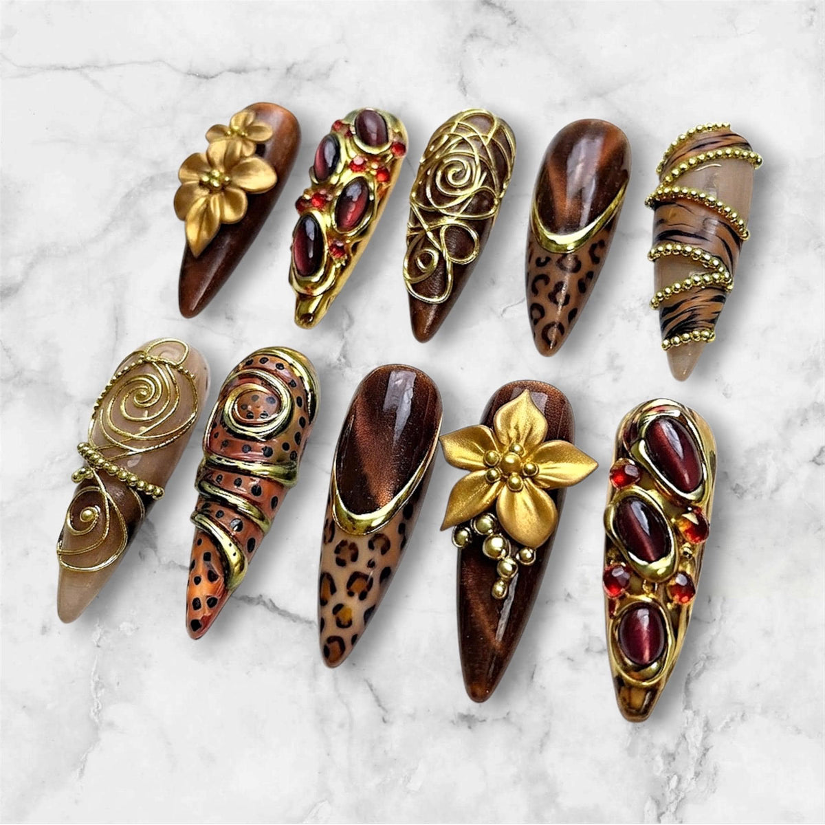 Brown Cat-Eye Leopard Fall Press-On Nails with Gold Flowers and Burgundy Gems