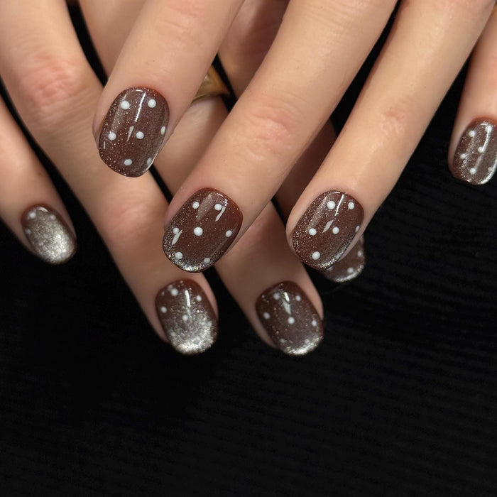 Brown Cat-Eye Polka Dot Fall Press On Nails With Silver Glitter