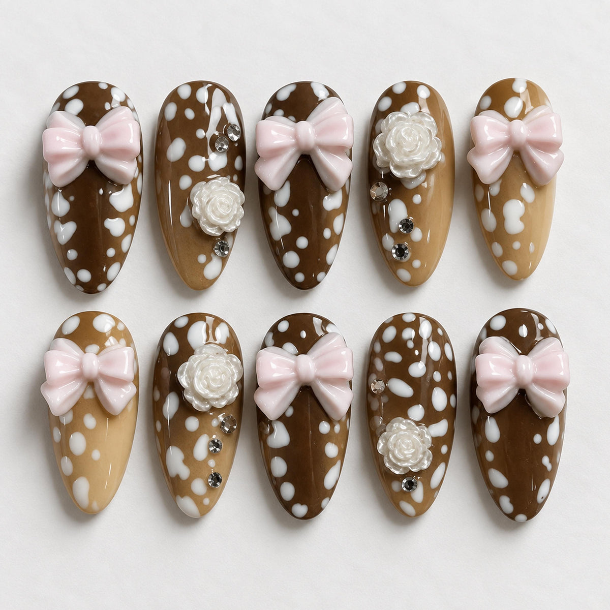 Brown Cow Print Press-On Nails with 3D Pink Bows, White Roses, and Rhinestones