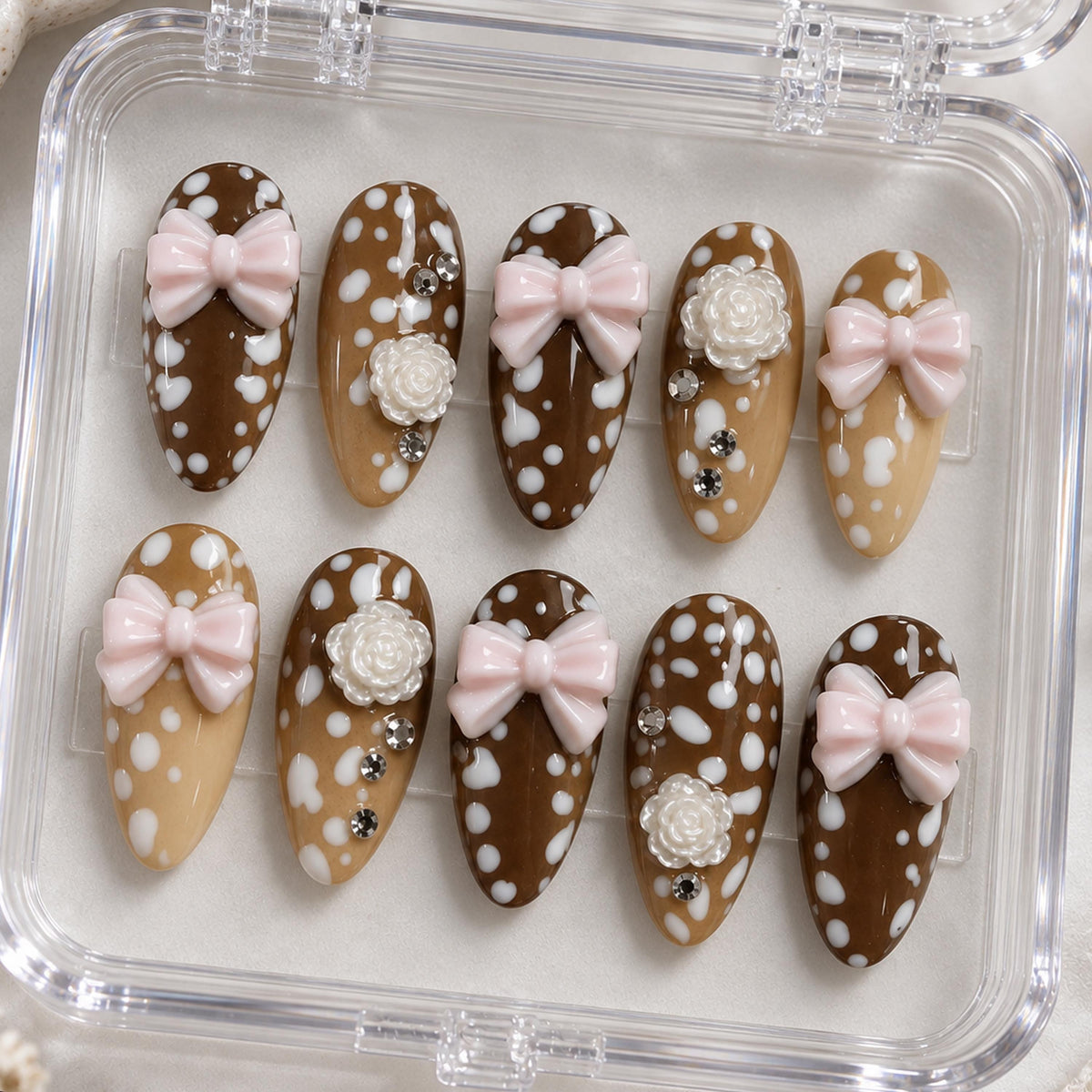 Brown Cow Print Press-On Nails with 3D Pink Bows, White Roses, and Rhinestones