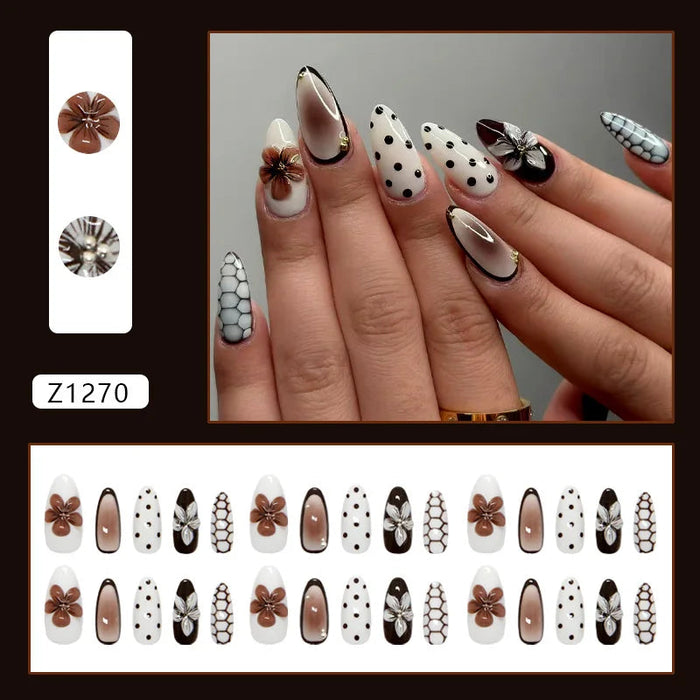 Brown Floral and Polka Dot French Tip Press On Nails