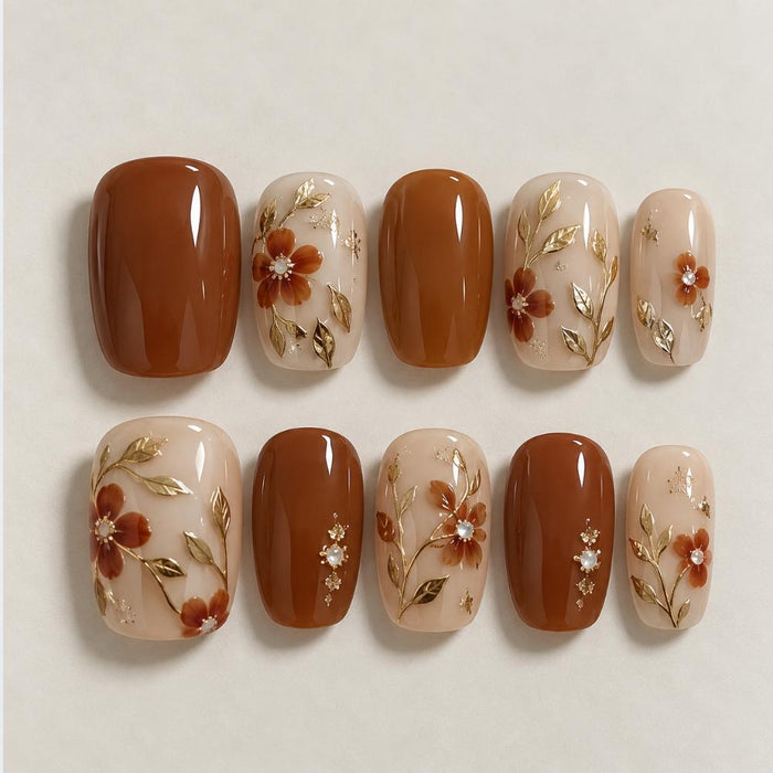 Brown Floral Autumn Press On Nail Set With Gold Leaf Details