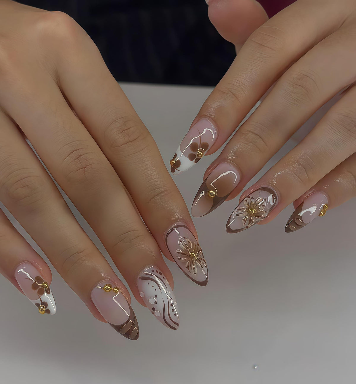 Brown Floral Press-On Nails With Gold Accents
