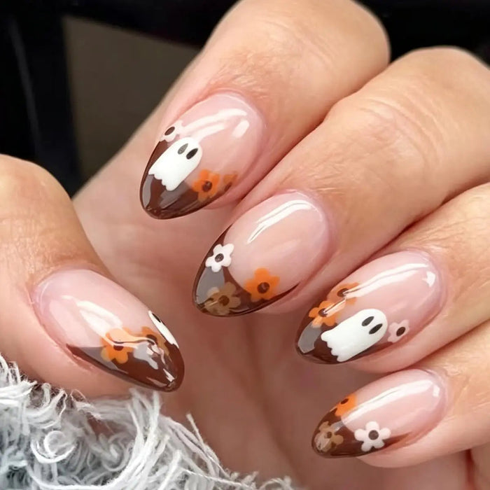 Brown French Tip Halloween Press On Nails with White Ghosts and Flowers