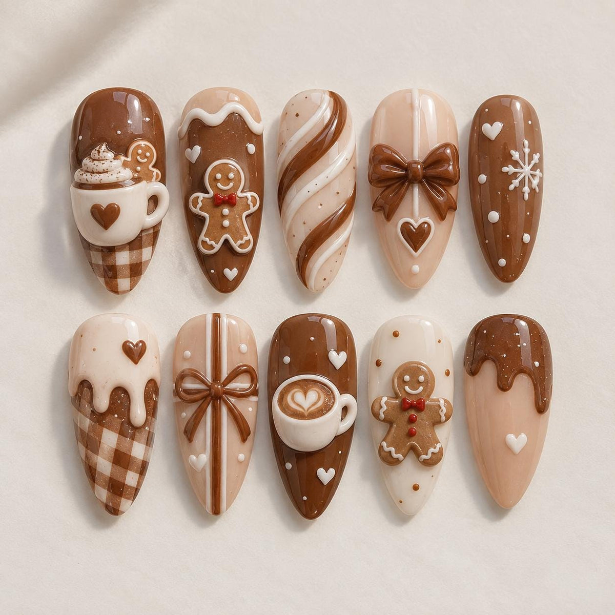 Brown Gingerbread and Coffee Christmas Press On Nails