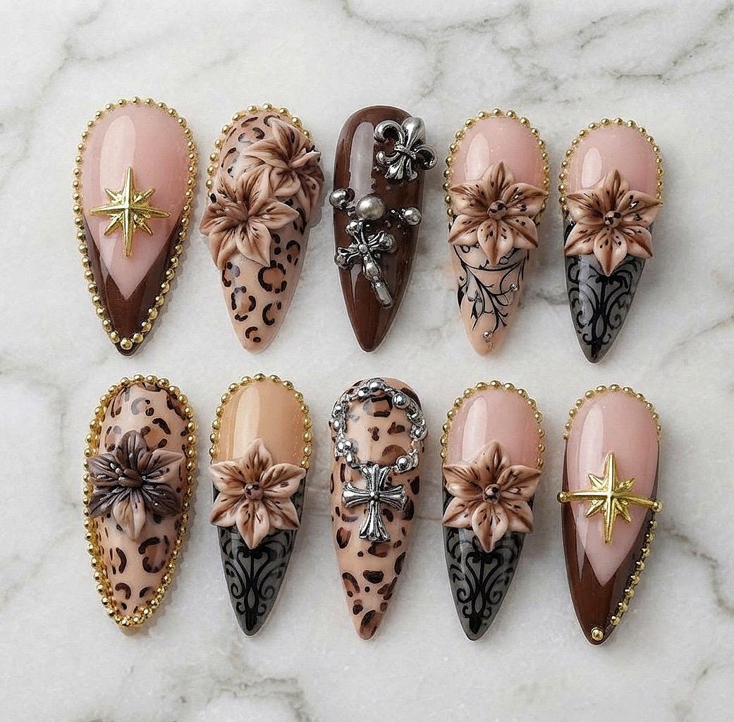 Brown Leopard French Tip Nails With 3D Flowers, Star and Cross Charms