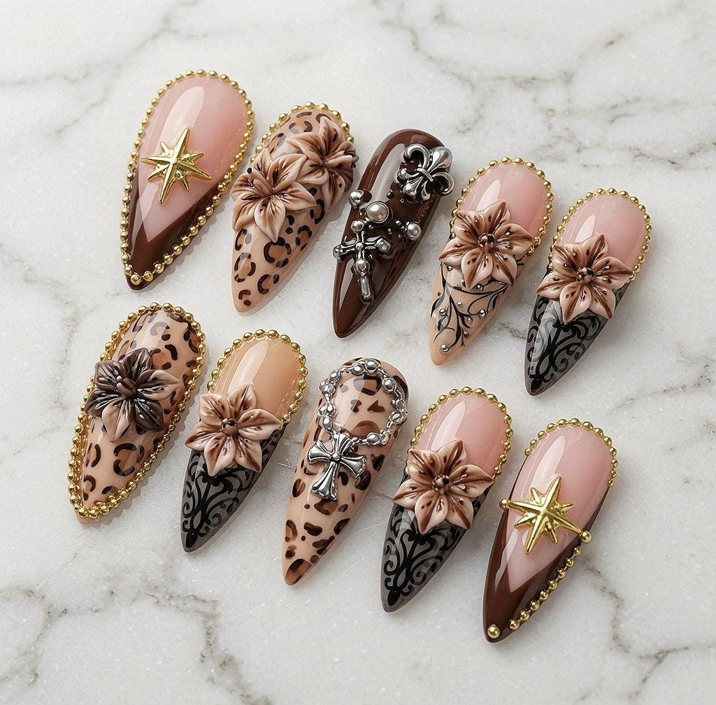 Brown Leopard French Tip Nails With 3D Flowers, Star and Cross Charms