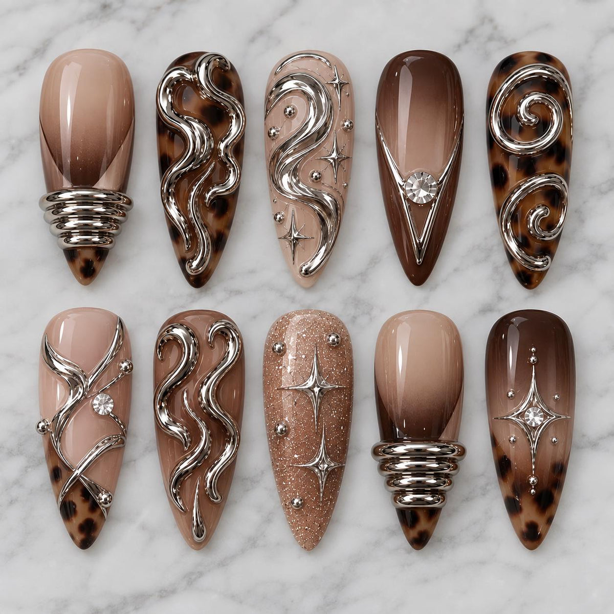 Brown Leopard Print Nails with Raised Silver Chrome Swirls and Rhinestones