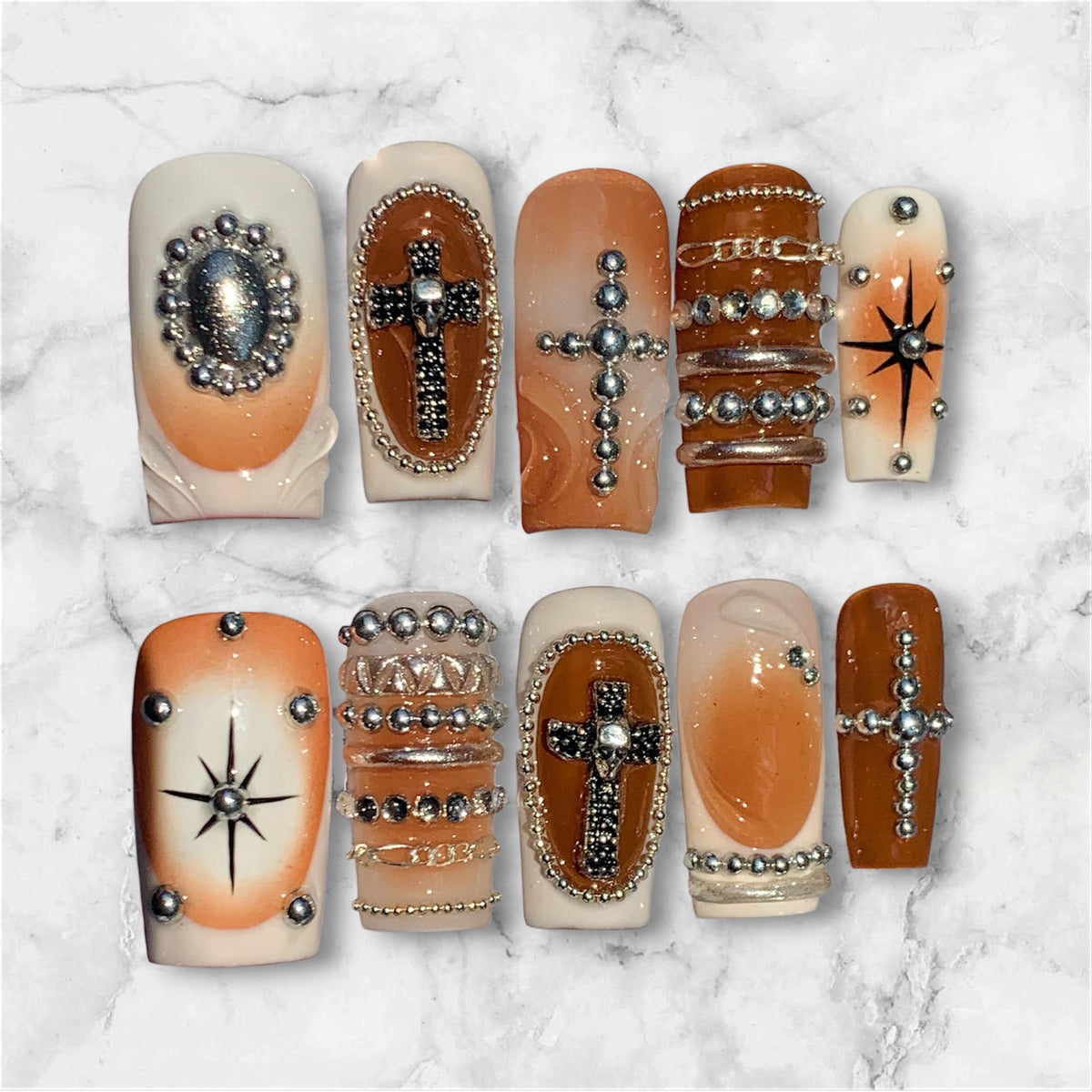 Brown Ombré Cross Press-On Nails With Silver Rhinestones and Compass Stars
