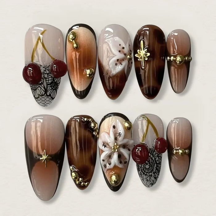 Brown Ombré Press On Nails with White Flowers, Lace and Gold Accents