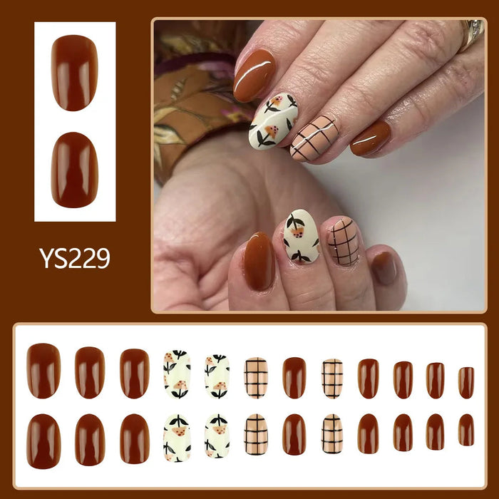 Brown Plaid and Floral Press-On Nails