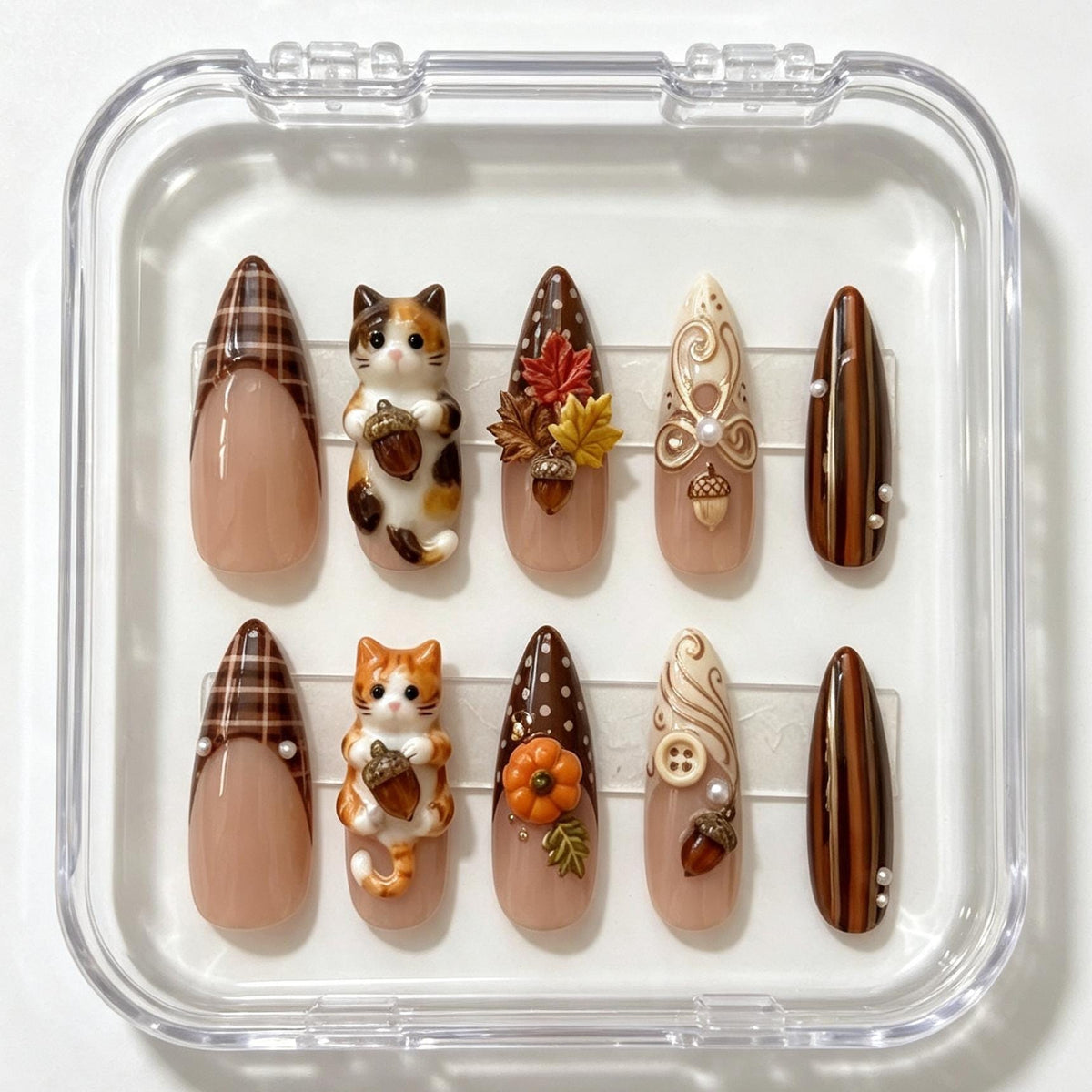 Brown Plaid Fall Harvest Press On Nails With 3D Cats, Acorns, and Autumn Details