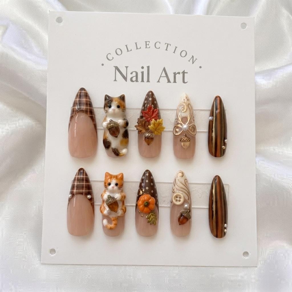 Brown Plaid Fall Harvest Press On Nails With 3D Cats, Acorns, and Autumn Details