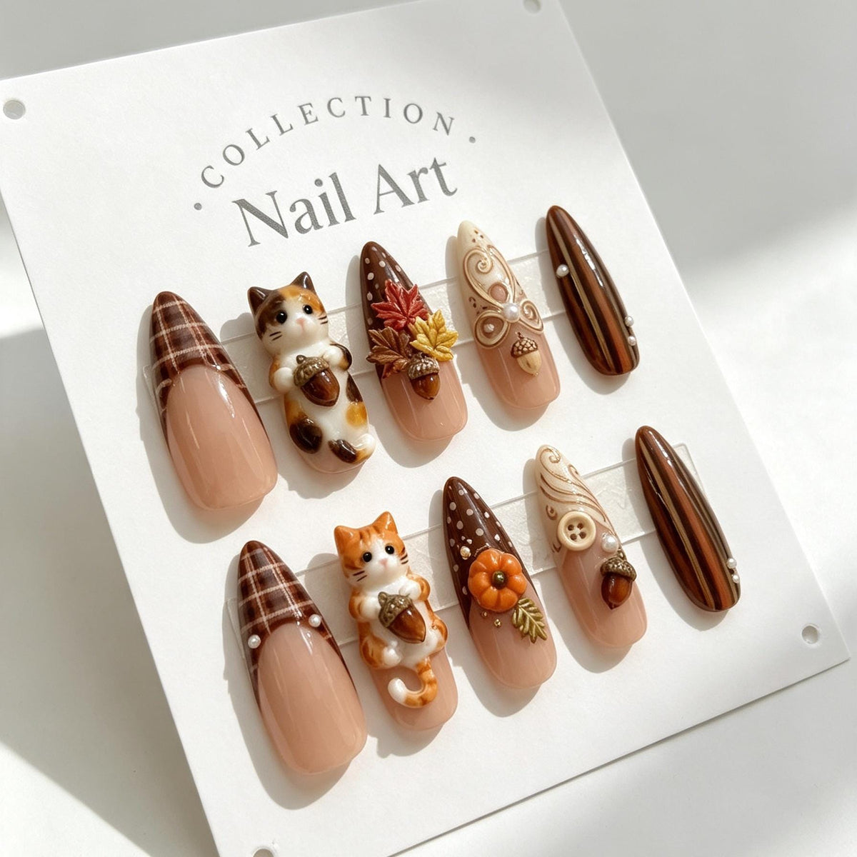 Brown Plaid Fall Harvest Press On Nails With 3D Cats, Acorns, and Autumn Details