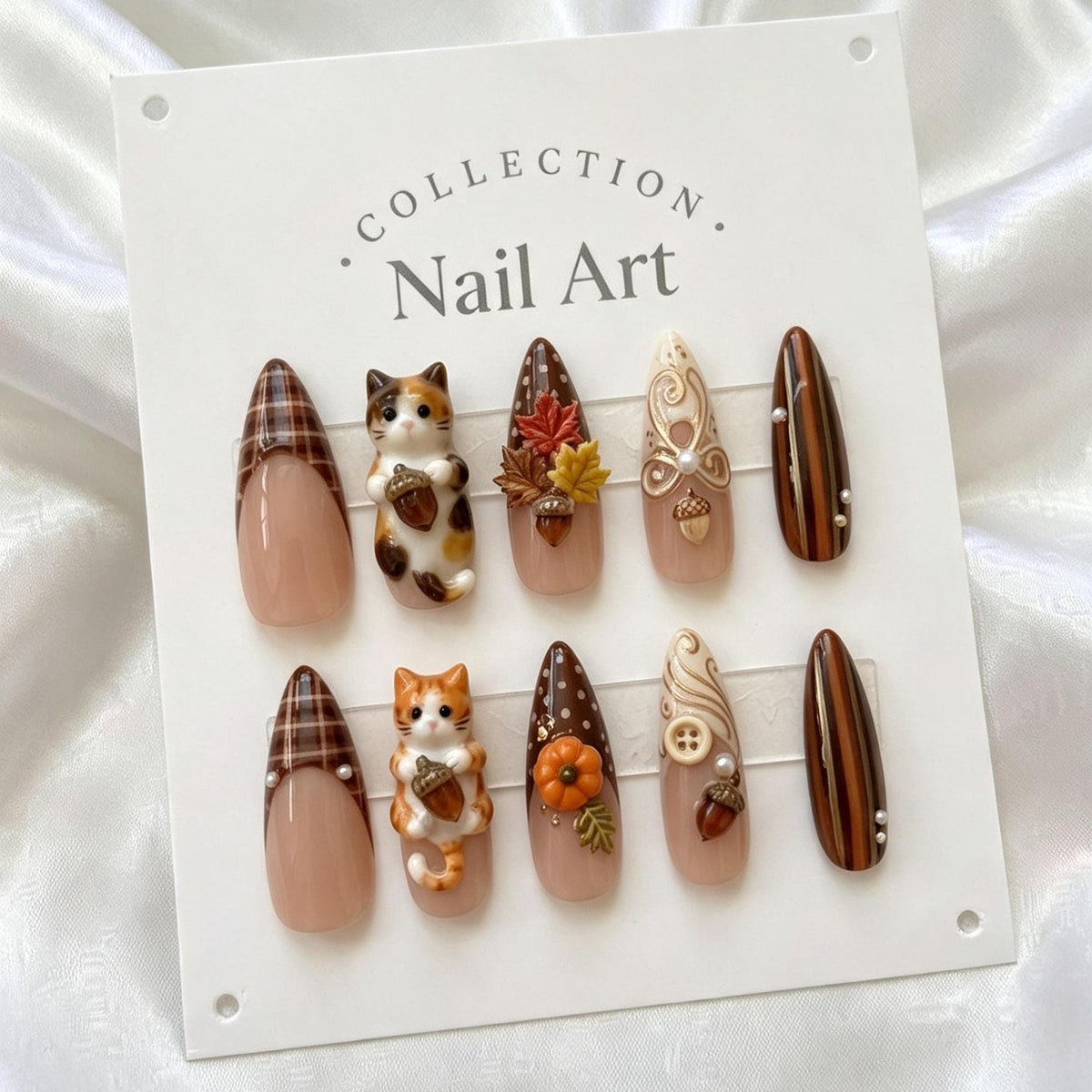 Brown Plaid Fall Harvest Press On Nails With 3D Cats, Acorns, and Autumn Details
