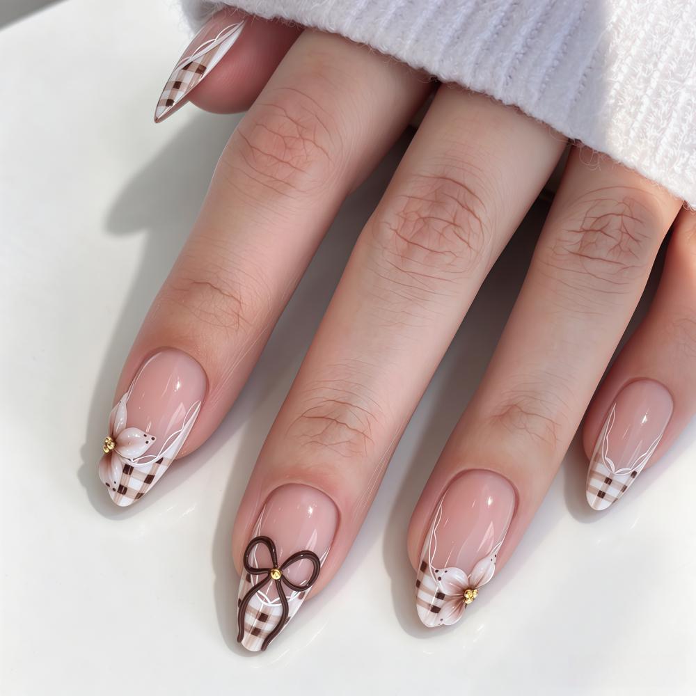 Brown Plaid French Tip Nails with Bows, White Florals, and Gold-Toned Studs