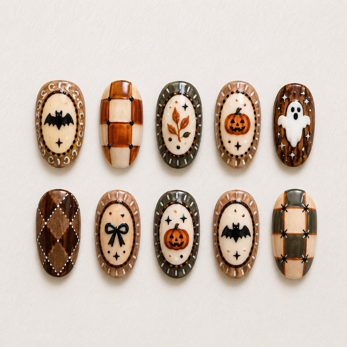 Brown Plaid Halloween Press On Nails With Bats, Ghosts and Pumpkins