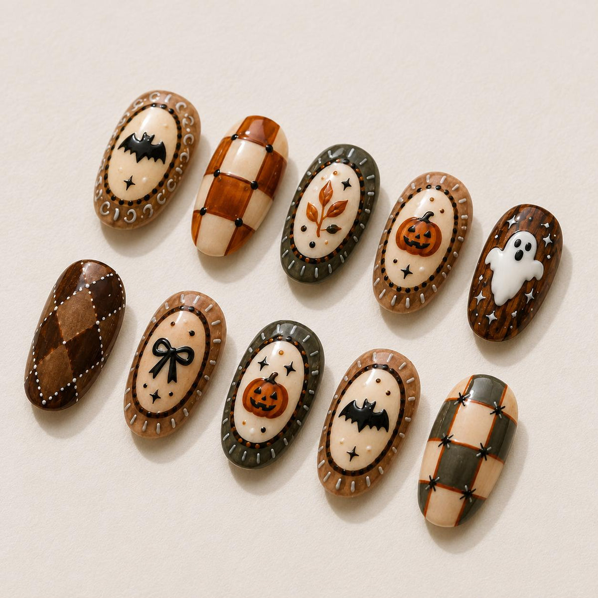 Brown Plaid Halloween Press On Nails With Bats, Ghosts and Pumpkins