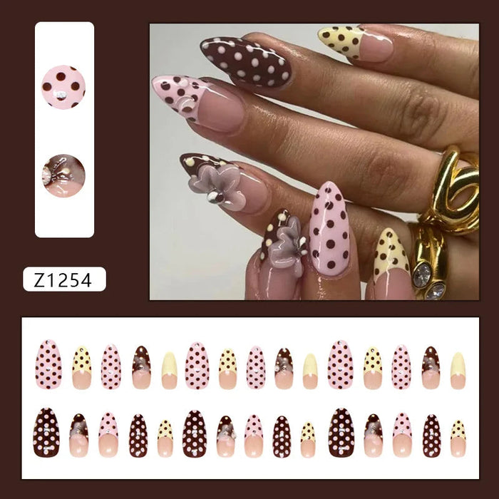 Brown Polka Dot Floral Press On Nails with 3D Flowers
