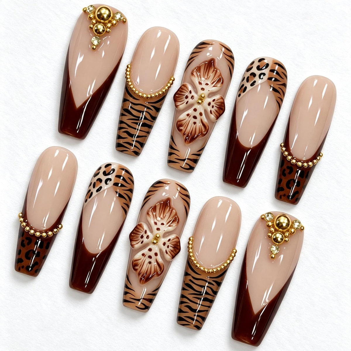 Brown Tiger and Leopard French Tip Nails with 3D Flowers and Gold Details