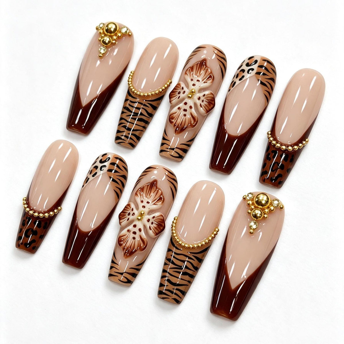 Brown Tiger and Leopard French Tip Nails with 3D Flowers and Gold Details